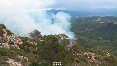 El fuego se localiza en la cima de una montaña. Foto: Bombers de la Generalitat