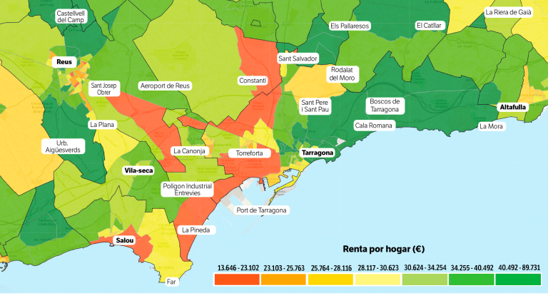 Mapa de Tarragona en función de la renta neta por secciones censales. Fuente: Instituto Nacional de Estadística