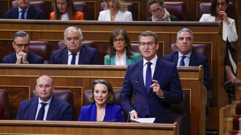 El líder popular, Alberto Núñez Feijóo (d), interpela al Gobierno durante la sesión de control al Gobierno este miércoles en el Congreso de los Diputados. Foto: EFE