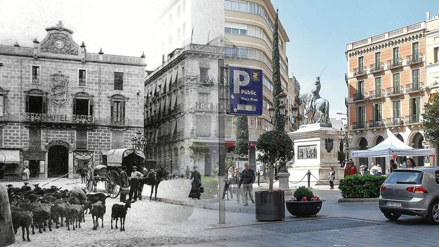 Imatge de principis del segle XX i actual de la plaça de Prim. FOTO: Autor desconegut – Fons postals de Reus / CIMIRi alfredo González