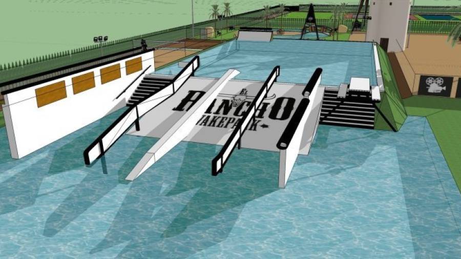 Imagen virtual del ´wakepark´ de Riudoms, con la rampa que conectará los dos niveles de la piscina. Foto: Cedida