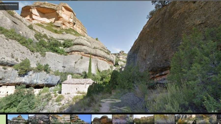 A la imatge un moment del recorregut amb Street View per la ruta del congost de Fraguerau, just arribar a l'ermita de Sant Bertomeu. Foto: Google