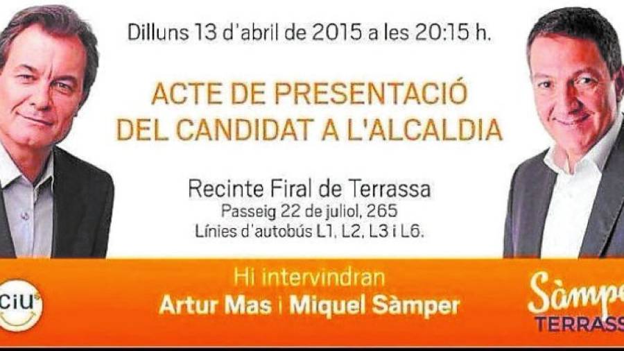 Imagen del cartel en el que se anuncia la presencia de Artur Mas en Terrassa el mismo día y hora que el acto de Tarragona. Foto: DT