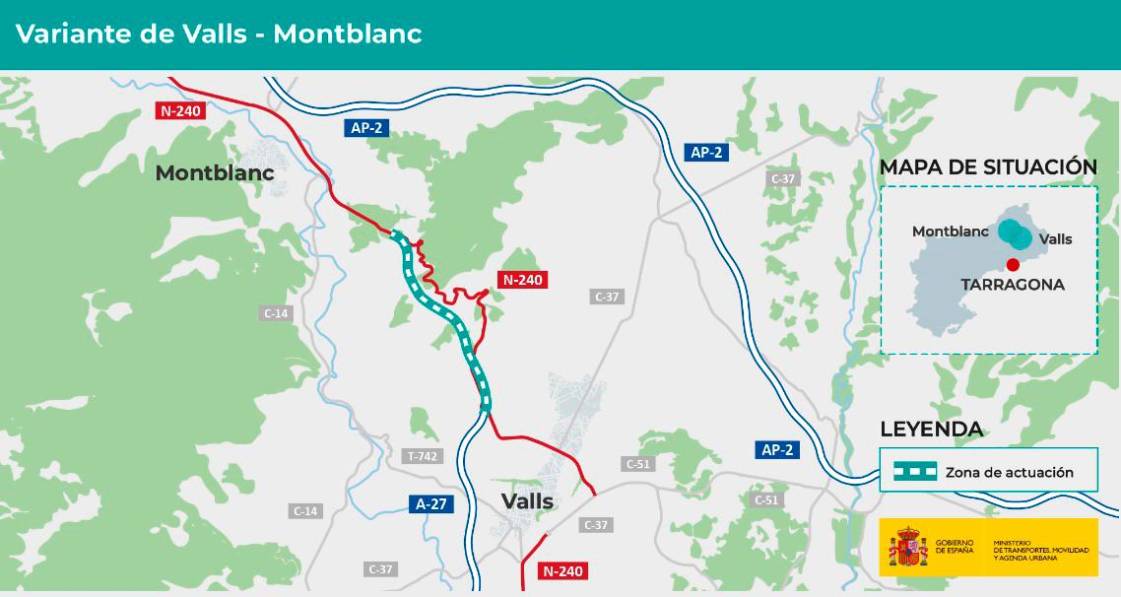 Mapa del tramo. Las obras se sitúan en el extremo norte del túnel con la N-240, en la parte de Montblanc. Mapa del tramo. Las obras se sitúan en el extremo norte del túnel con la N-240, en la parte de Montblanc.
