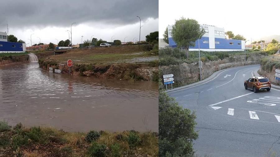 A la izquierda, un temporal de 2017 dejo inundado el paso subterráneo de la N-340. A la derecha, la actual vía que se cerrará cuando haya peligro de inundación. FOTO: DT y Pere Ferré