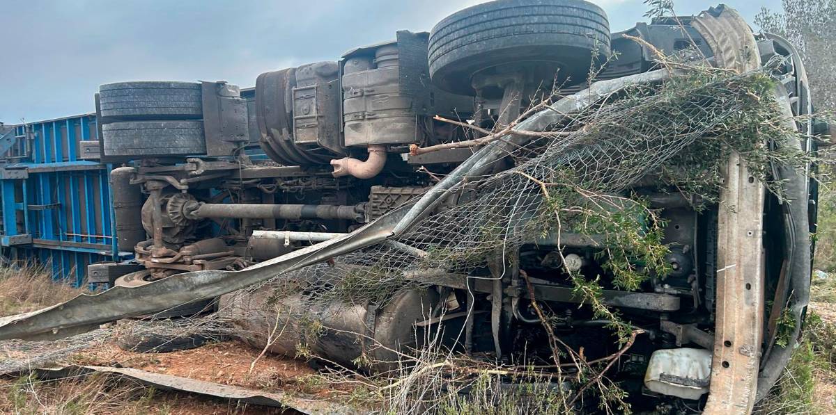 El tráiler ha quedado volcado en la autopista. Foto: cedida El tráiler ha quedado volcado en la autopista. Foto: cedida