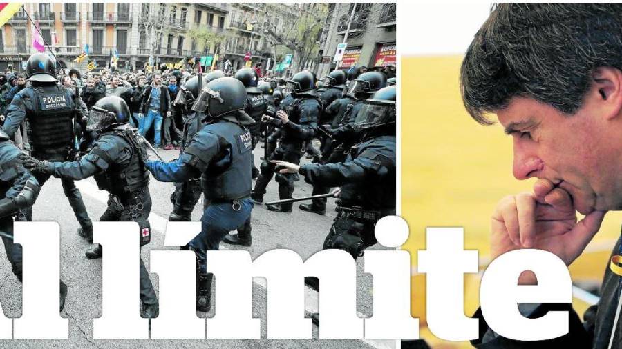 A la derecha, Carles Puigde-mont en Helsinki el viernes. A la izquierda, las protestas de ayer en Barcelona. FOTOs: EFE
