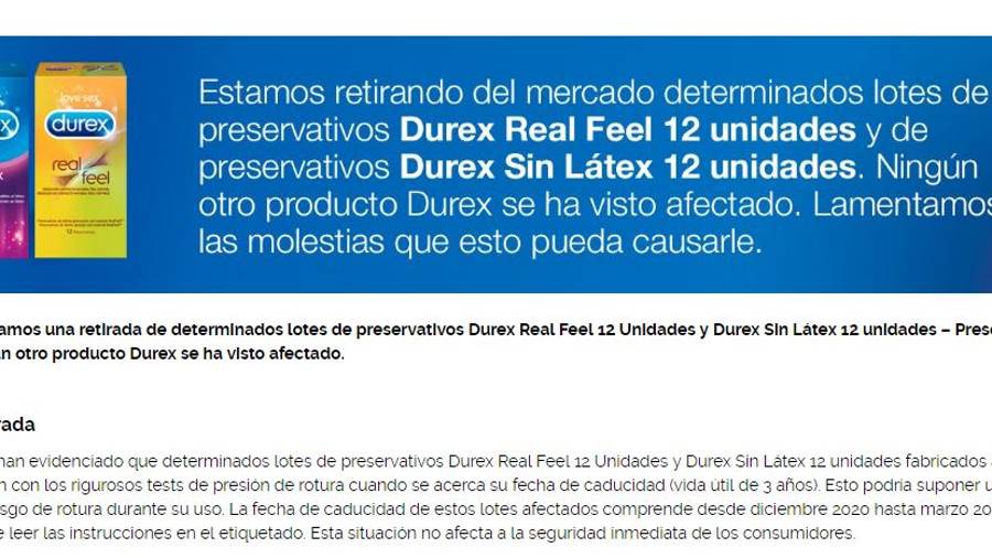 Imagen del comunicado colgado en la p&aacute;gina web de Durex. Cedida