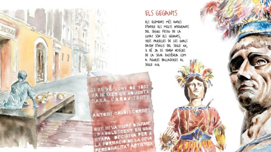 Mostra d'una de les p&agrave;gines del llibre 'Dibuixant Reus', amb il·lustracions de la reusenca Teresa Llorach, textos d'Eduard L&oacute;pez i disenys d'Elisabeth Tort.