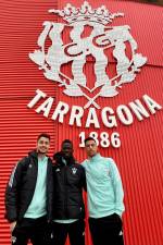 Barragán, Djetei y Barragán posa en el Nou Estadi tras el entrenamiento matutino. Foto: Albacete Balompié