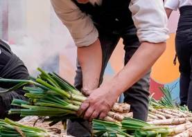 Un asador prepara los calçots para una fiesta popular. Foto: Marc Bosch