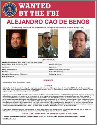 Cartel del FBI en que se anuncia que el tarraconense Alejandro Cao de Benós está en busca y captura.