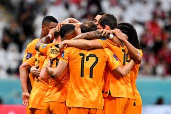 Los holandeses celebran uno de los dos goles conseguidos. Foto: EFE