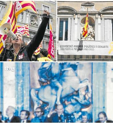 $!El Palau de la Generalitat i la plaça de sant Jaume continuen sent el centre vital de la política catalana, amb manifestacions i reivindicacions diverses, i fets històrics com el retorn de Josep Tarradellas el 1977. Fotos: Cedides i RTVE