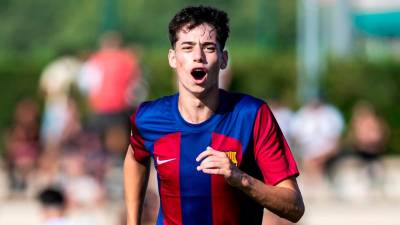 Óscar Gistau celebra un gol con el Juvenil del Barça esta temporada. Foto: FC Barcelona