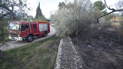 Bomberos remojando la zona quemada en Tortosa. Foto: Joan Revillas