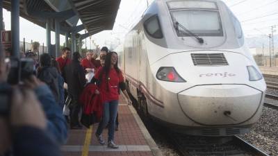 Membres de la plataforma Trens Dignes, en el moment de l´aturada de l´Euromed a l´estació de l´Aldea. Foto: joan revillas