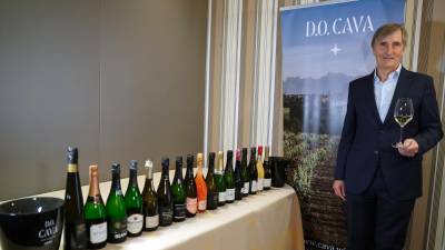 El presidente del consejo regulador de la Denominación de Origen Cava, que aglutina a los principales productores del sector, Javier Pagès, durante la presentación de los resultados económicos de 2024, tras haber facturado un récord de 2.200 millones el año anterior y, en la que se ha anunciado que los productores de cava cerraron 2024 con un volumen de ventas global de 218 millones de botellas vendidas, un 13,4 % menos. Foto: EFE