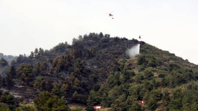 Helicòpters abocant aigua i mitjans terrestres desplegats per l'incendi declarat al terme de Falset el passat 9 de juny. Foto: ACN