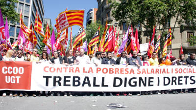 Pancarta de la cabecera de la manifestación del Primero de Mayo del año pasado en Barcelona. FOTO: ACN