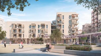 Imatge virtual del futur complex de la Hispània, on l’Ajuntament està construint 60 habitatges protegits, 48 dels quals de lloguer social. FOTO:A.R.