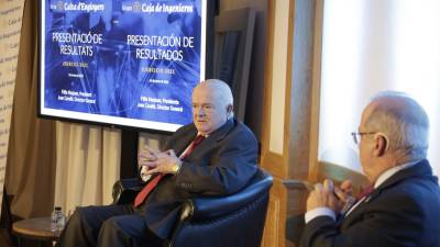 El presidente de Caixa d'Enginyers, Félix Masjuan (izquierda) y el director general de Caixa d'Enginyers, Joan Cavallé (derecha), durante la presentación de los resultados de 2021. Foto: Caixa d'Enginyers.