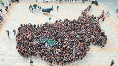 Los 1.200 alumnos y profesores han conformado la figura del Bou, rellenando su silueta. foto: alba mariné