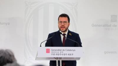 El president de la Generalitat, Pere Aragonès, intervenint durant la inauguració de la nova delegació a Corea del Sud. Foto: ACN