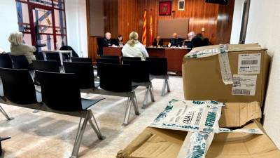 En primer pla, caixes de documentació en el judici per maltractament animal en un refugi de Camarles. Foto: ACN