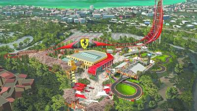 Imagen virtual del futuro Ferrari Land, que tendrá el acelerador vertical más alto y rápido de Europa. Foto: Cedida