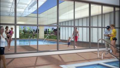 Imatge virtual del futur complex, amb dues piscines i la cobertura retràctil dissenyada en el projecte. Foto: ASCÓ SERVEIS