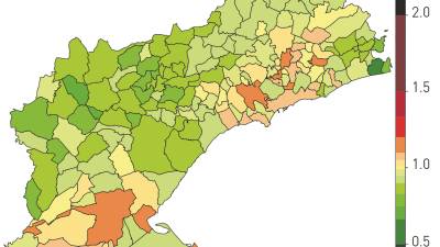 El mapa muestra el grado de incidencia del c&aacute;ncer en los municipios de la demarcaci&oacute;n de Tarragona, en este de mujeres. Las zonas con predominio del color verde muestran baja incidencia, y las de color rojo, las de mayor.&nbsp;