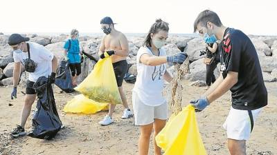 Otro grupo, recogiendo residuos en Horta de Santa Maria. FOTO: a. marin&eacute;