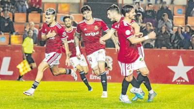 Andy Escudero celebra el gol conseguido ante Osasuna Promesas en el Nou Estadi Costa Daurada. FOTO: àngel ullate