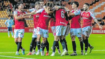 Los jugadores del Nàstic celebran un gol en el Nou Estadi. Foto: Nàstic