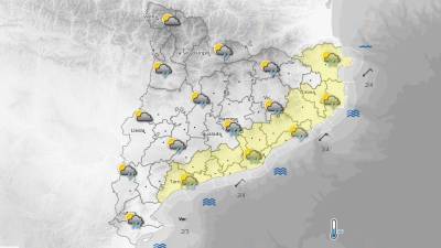 En amarillo, las comarcas con alerta de lluvia este martes. FOTO: Meteo.cat