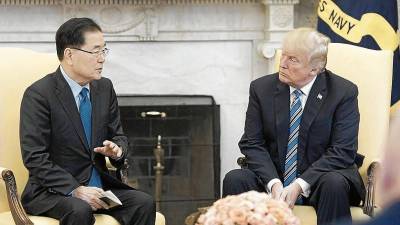 Reunión entre el consejero de seguridad de Corea del Sur, Chung Eui-yong, y Donald Trump. fOTO: efe