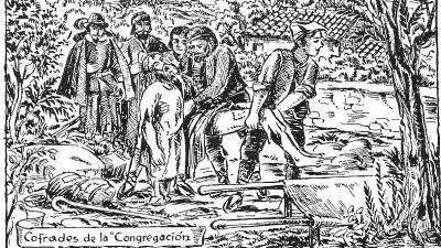 Un objectiu fundacional de La Sang el 1545 fou enterrar els morts. Il·lustració de Lluis Mallafré, cap a 1930 / Arxiu La Sang.