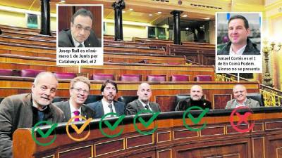 De izquierda a derecha, los seis diputados por Tarragona surgidos de las elecciones de 2015 y su repetición de 2016: Joan Ruiz (PSC), Ferran Bel (Junts per Catalunya), Sergio del Campo (Ciudadanos), Jordi Roca (PP), Jordi Salvador (ERC) y Fèlix Alonso (En Comú Podem). FOTO: x.f.
