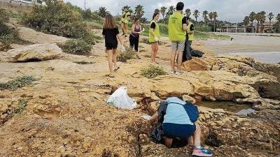 Los voluntarios, en plena labor de limpieza de la playa y alrededores. FOTO: Xavi Paba