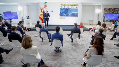 El presidente del Gobierno, Pedro Sánchez, presentó ayer la iniciativa ‘España Digital 2025’, en el Palacio de la Moncloa. FOTO: NARANJO/EFE