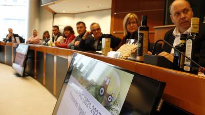 Reunió d'alcaldes, regidors i alcaldables del Baix Camp i Ebre amb el representant de la Direcció General d'Agricultura, Ricard Ramon Sumoy, al Parlament Europeu, amb mostres d'olis i avellanes. FOTO: ACN / Núria Torres