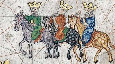 Il·lustració de «los iii reys fort savis» a l“Atles català” o “Atles de Cresques”, indicant-ne la procedència concreta. foto: Bibliothèque Nationale de France, París