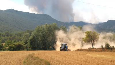 un tractor llaurant un camp de cereal segat a Sant Martí de Tous, davant la columna de fum del foc que encara és molt actiu al flanc esquerre del cap de l'incendi. Foto. ACN