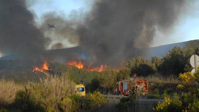 Bomberos acudiendo al incendio de Montferri mientras una avioneta descarga agua sobre las llamas el pasado 12 de mayo. FOTO: Àngel Juanpere