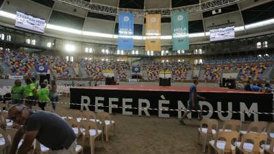 La Tarraco Arena plaça a punt per acollir l'acte d'inici de campanya a favor del referèndum. Foto: ACN
