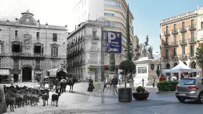 Imatge de principis del segle XX i actual de la plaça de Prim. FOTO: Autor desconegut – Fons postals de Reus / CIMIRi alfredo González