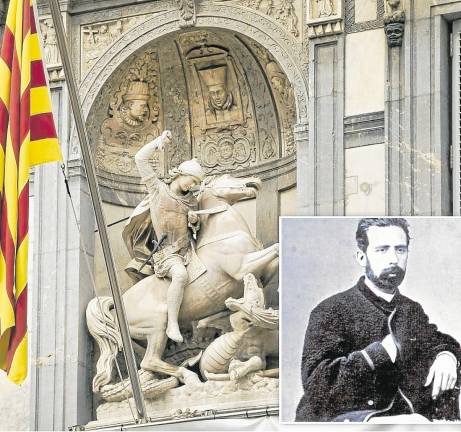 $!La imatge de sant Jordi en marbre de Carrara, situada al balcó central del Palau de la Generalitat, és obra de l’escultor tarragoní Andreu Aleu i Teixidó (1829-1900). Foto: Arxiu Carod-Rovira