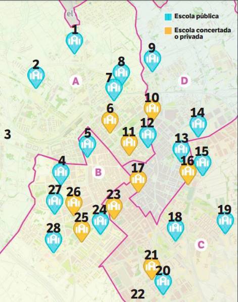 A. 1. Els Ganxets. 2. Mowgli. 3. Cèlia Artiga. 6. Maria Cortina. 7. Joan Rebull. 8. Montsant. 11. La Presentació. 12. Pompeu Fabra. B. 4. General Prim. 5. Prat de la Riba. 24. Teresa Miquel i Pàmies. 25. Pare Manyanet. 26. Mare Molas. 27. Misericòrdia. 28. Alberich i Casas. C. 15. Isabel Besora. 16. Arce. 18. Eduard Toda. 19. Rosa Sensat. 20. Marià Fortuny. 21. Puigcerver. 22. Sant Bernat Calbó 23. La Salle. D. 9. La Vitxeta. 10. Sant Pau. 13. Rubió i Ors. 14. Pi del Burgar. 17. Sant Josep. A. 1. Els Ganxets. 2. Mowgli. 3. Cèlia Artiga. 6. Maria Cortina. 7. Joan Rebull. 8. Montsant. 11. La Presentació. 12. Pompeu Fabra. B. 4. General Prim. 5. Prat de la Riba. 24. Teresa Miquel i Pàmies. 25. Pare Manyanet. 26. Mare Molas. 27. Misericòrdia. 28. Alberich i Casas. C. 15. Isabel Besora. 16. Arce. 18. Eduard Toda. 19. Rosa Sensat. 20. Marià Fortuny. 21. Puigcerver. 22. Sant Bernat Calbó 23. La Salle. D. 9. La Vitxeta. 10. Sant Pau. 13. Rubió i Ors. 14. Pi del Burgar. 17. Sant Josep.