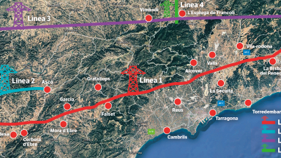 Un extracto de un mapa de GEPEC-EdC con algunas de las líneas de alta tensión planificadas desde Aragón hacia Catalunya